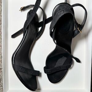 Black Gucci canvas monogram sandals 
Sz 7.5 *heel caps need to be replaced*